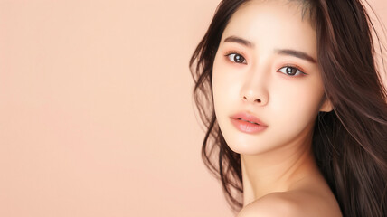 Fototapeta premium Close up on face of young Asian woman with clean fresh skin on pink beige background