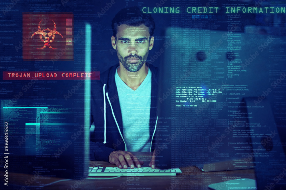 Poster Computer, overlay and man at night for virus upload, coding and information technology. Cybersecurity, software and person with password access to financial data, online banking fraud and malware