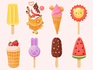 Collection of summer, colorful, delicious ice cream. Ice cream on a stick, in a cone, in the shape of a rabbit and a lion, Taiyaki ice cream. Vector illustration.