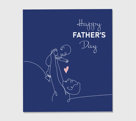 One continuous line drawing greeting card for Happy Father Day. Vector illustration hugs of a father with a child on blue background