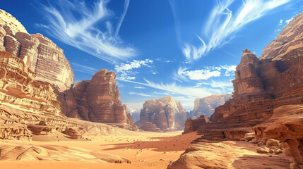 A dramatic desert landscape with towering sandstone formations and a bright blue sky, framed by a few sparse clouds.