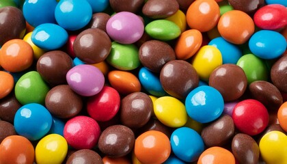 Obraz premium Close up of a pile of colorful chocolate coated candies. Candy background.