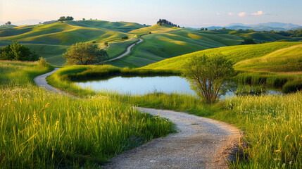 Obraz premium A peaceful, rural landscape with a winding dirt path leading through rolling hills and past a serene pond.
