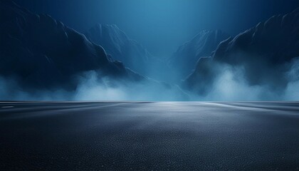 dark street asphalt abstract dark blue background empty dark mountain range scene with smoke mist cold white float up for display products