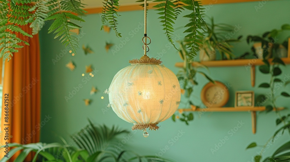 Sticker   Light fixture on green wall, potted plants on opposite side