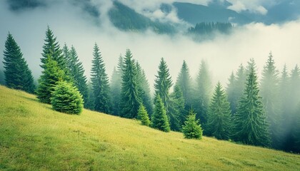 Fototapeta premium Misty landscape with fir forest in vintage retro style. Generative AI