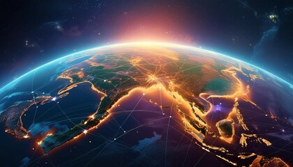 Panoramic view on planet Earth globe from space with rising sun. Glowing city lights, light clouds. Generative AI