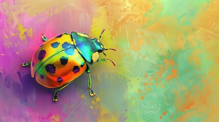   A colorful beetle rests on a vibrant wall, with splattered paint in various hues surrounding it