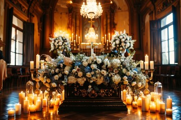A coffin decorated with many flowers and candles in a beautiful church, ceremony