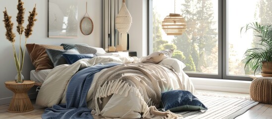 Stylish bedclothes and cozy atmosphere in a modern and bright bedroom with a large window and trendy decor