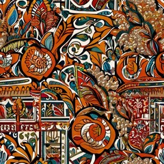 Intricate Floral kalamkari design in maroon and blue