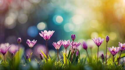 Spring background with crocus and bokeh lighting