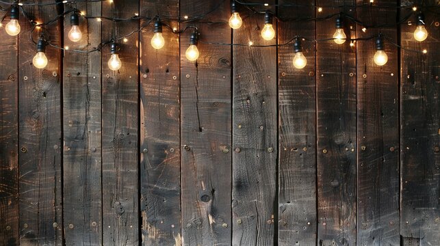   A wooden wall adorned with multiple light bulbs suspended from its sides and additional lights suspended from the same side
