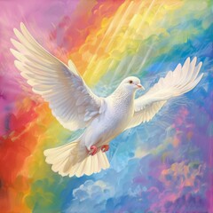 Fototapeta premium Serene Dove Spreads Hope: Symbol of Peace Flying Over Rainbow Sky