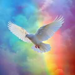 Obraz premium Messenger of Hope: Peace Dove Soaring Over a Colorful Rainbow in the Sky