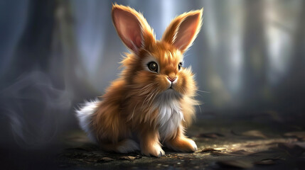 Fototapeta premium A digital painting depicts a brown bunny rabbit amidst foliage and trees in a tranquil forest setting