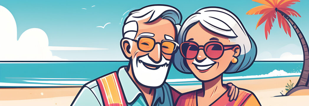 Banner Elderly couple taking a selfie on the beach, drowing