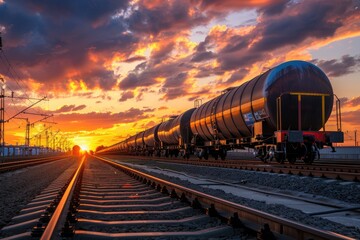 Fototapeta premium A train is traveling down the tracks with the sun setting in the background. The train is carrying a large number of cars, and the sky is filled with clouds