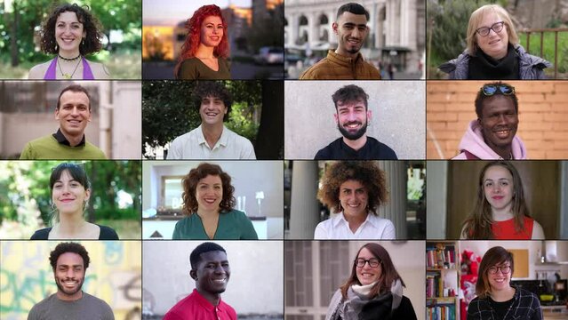 A multiscreen display showing 16 individuals from different ethnic backgrounds, predominantly Caucasians and Africans, all smiling warmly, reflecting the joy and unity of cultural diversity.