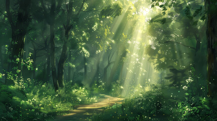 Obraz premium beautiful forest scenery with sunbeams shining through the canopy, created with generative AI technology