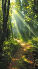 Obraz premium beautiful forest scenery with sunbeams shining through the canopy, created with generative AI technology