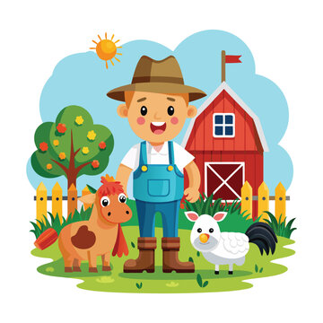 recommend clip art: Cartoon farmer and farm animals in the barnyard vector