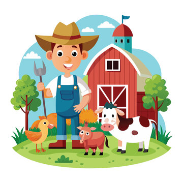 recommend clip art: Cartoon farmer and farm animals in the barnyard vector