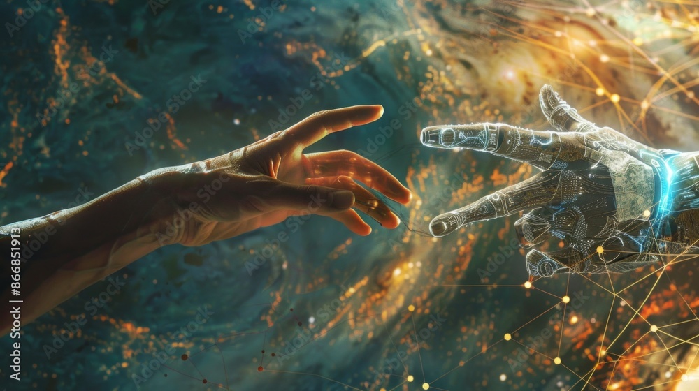 Poster a human hand and a robotic hand reach towards each other amidst a vibrant cosmic backdrop, symbolizi