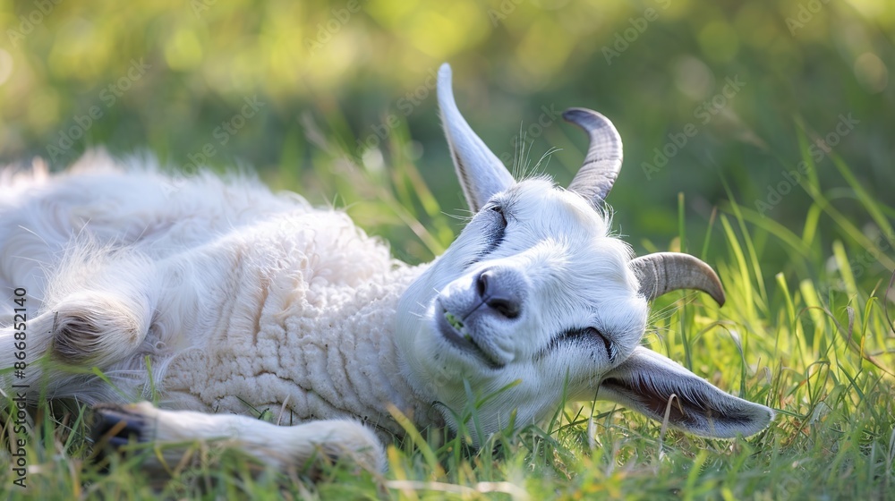 Canvas Prints a relaxed white goat resting in a lush meadow