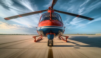 A blue and red helicopter is on a spacious helipad under a blue sky, representing both the simplicity and sophistication of modern aviation technology and transportation.