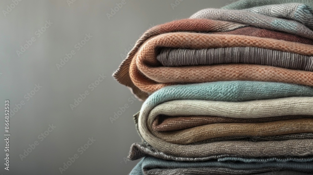 Aufkleber A close-up image of a stack of soft, smooth fabrics in various colors, carefully folded and arranged against a gray background