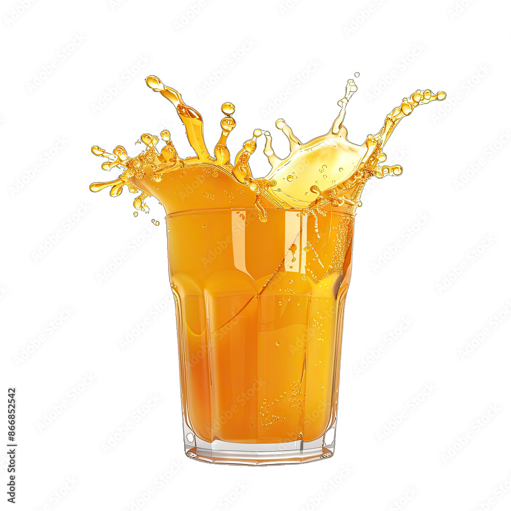 Wall mural glass of splashing orange juice , capturing the vibrant orange color and dynamic motion.. isolated o