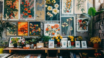 A display of greeting cards and posters with oily floral designs, set against an artistic backdrop