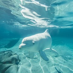 A white beluga whale gracefully swims through clear blue water, its sleek body illuminated by the suns rays