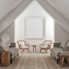 Fototapeta premium mockup poster frame in modern interior background, Room, interior, sofa , bedchamber, 3D render, , living room, Scandinavian style, furniture, home, design, couch, house3D illustration 
