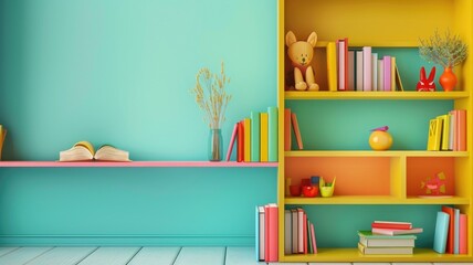 Colorful children's bookshelf with books and toys.