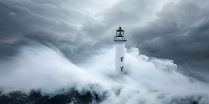 A strong storm tests a resilient lighthouse against powerful waves standing firm. Concept Nature, Strength, Resilience, Lighthouse, Waves