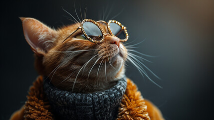 Portrait of a black cat in a gold costume and glasses.