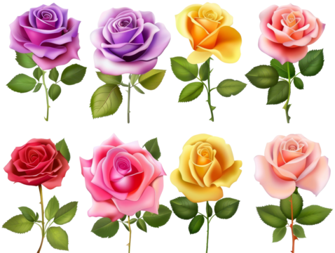 Collection of Colorful Roses Isolated on White Background, PNG File - Powered by Adobe