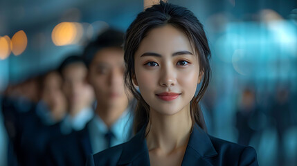 Obraz premium Business leaders developing branding strategies drive market presence customer loyalty visual storytelling infographic visualizations featuring young smiling businessmen businesswomen China America