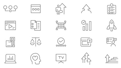 Training and coaching line icons set. Business training, Training, coaching, mentoring, education, meeting, conference, teamwork office outline icon collection. UI thin outline icons pack.