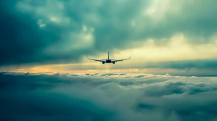 Passenger plane flying above the clouds, city
