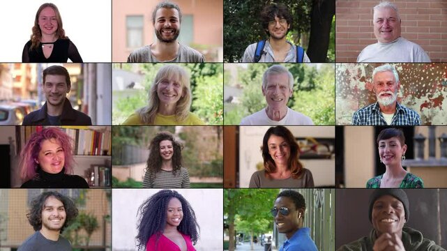 A multiscreen display featuring 16 smiling individuals from different ethnic backgrounds, including a majority of Caucasians and several Africans, radiating happiness and positivity.