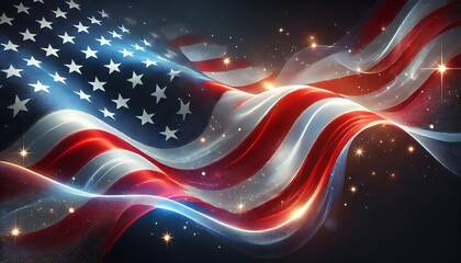 Glowing American flag abstract background with sparkling stars, patriotic theme. Generative AI