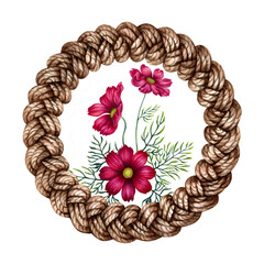 Round wreath of wicker twigs and pink, purple cosmos flowers. Watercolor illustration of round frame template for cards for Mother's Day, Valentine's Day, textile, perfume, aromatherapy, magic