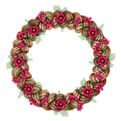 Round wreath of wicker twigs and pink, purple cosmos flowers. Watercolor illustration of round frame template for cards for Mother's Day, Valentine's Day, textile, perfume, aromatherapy, magic