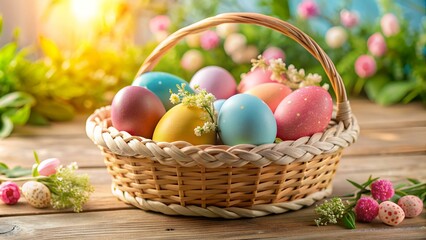 Colorful dyed Easter eggs in woven wick basket. Pastel painted hard-boiled eggs for holiday Easter breakfast brunch or lunch with cute decorations for spring. Minimalistic Easter concept. 