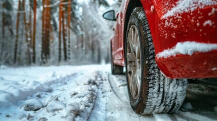 A close-up view of a red cars tire as it drives through a snow-covered forest, the tire treads are clearly visible