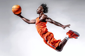 High-Flying Basketball Player Performing Slam Dunk in Mid-Air
