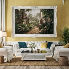 mockup poster frame in modern interior background, living room, Scandinavian style, furniture, home, design, couch, house3D illustration, Room, interior, sofa
, bedchamber, 3D render, 
